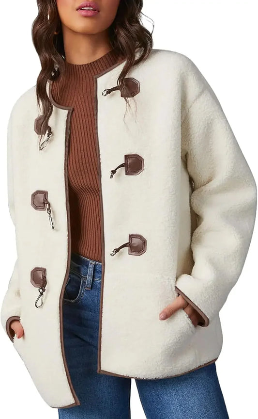 Womens Long Sleeve Jackets Fashion Faux Shearling Oversized Color Block Button Jacket Coats